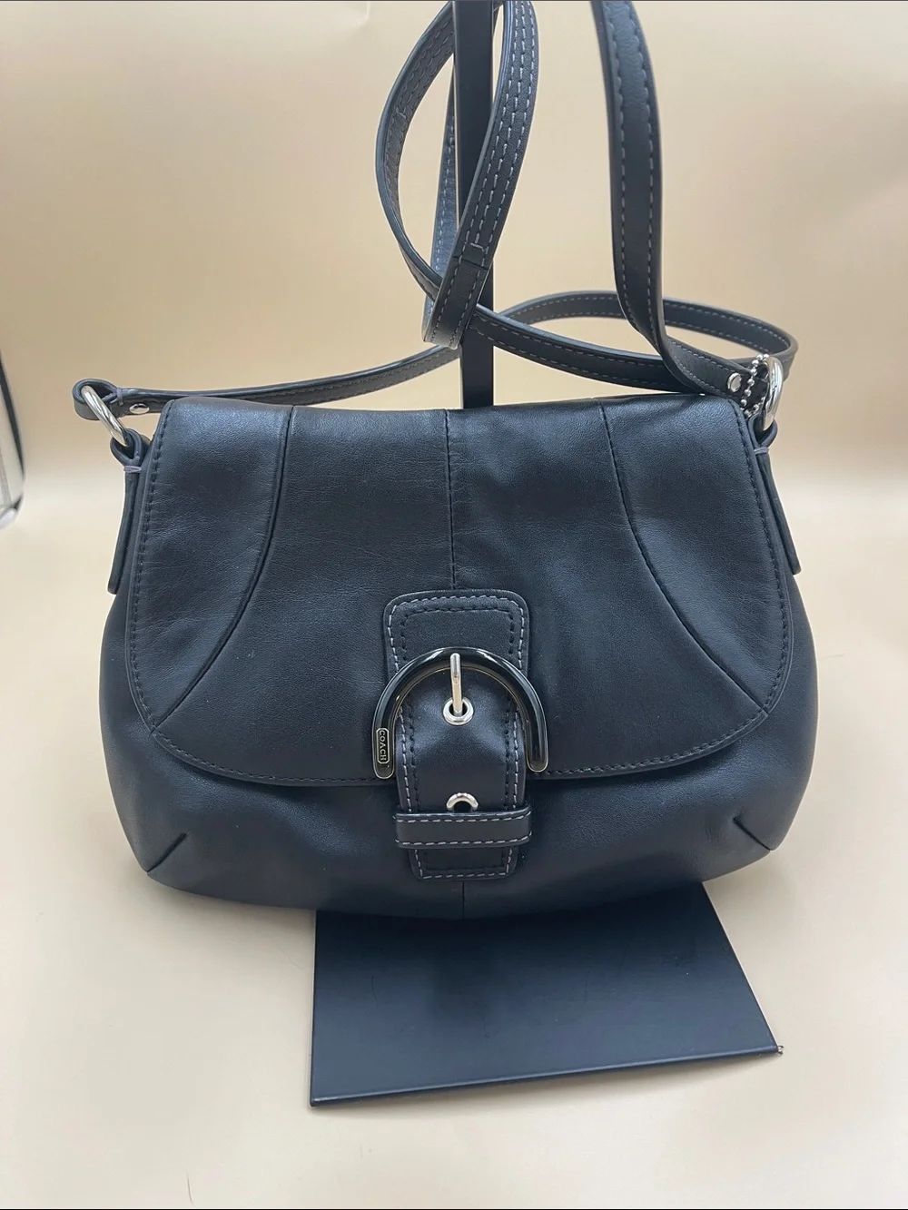 Coach Classic Black Leather Shoulder Bag with Buckle Detail Grab and Go so cute